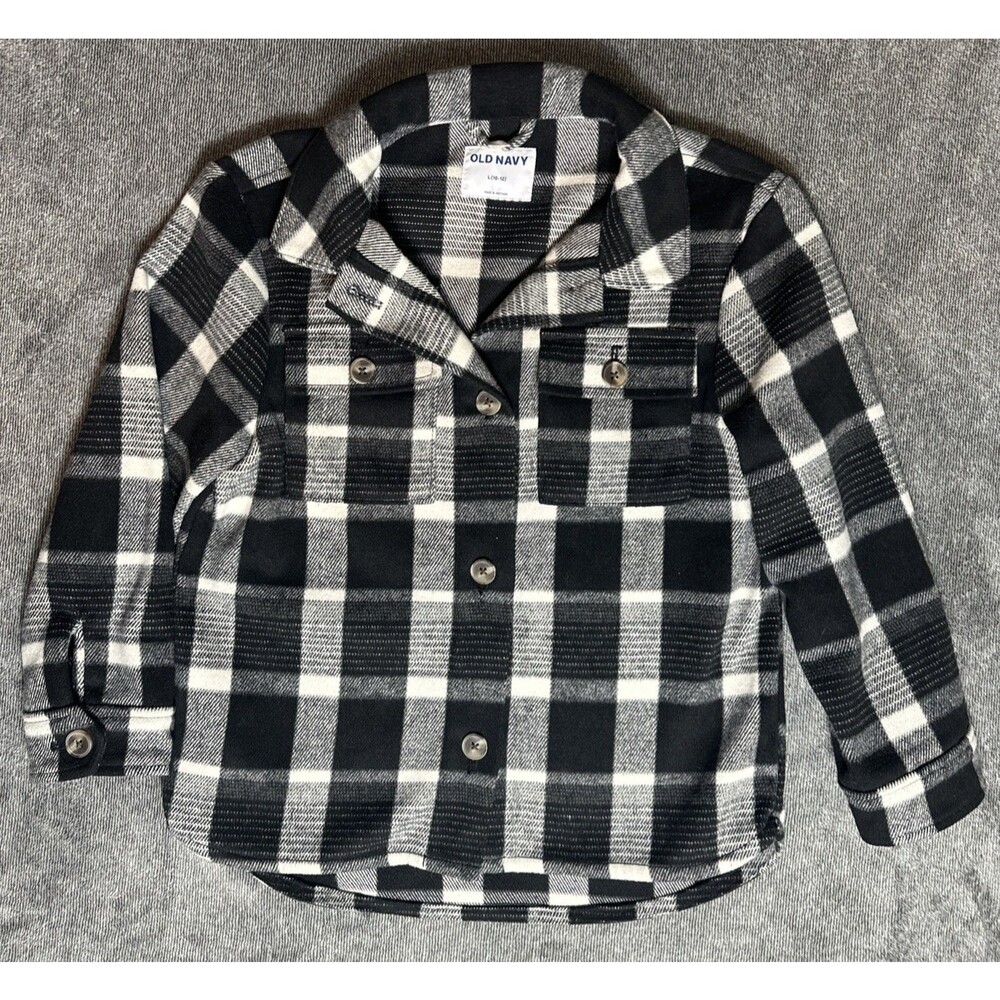 Old Navy Black & White Plaid Flannel Shacket Oversized Warm Girls Size LRG 10-12